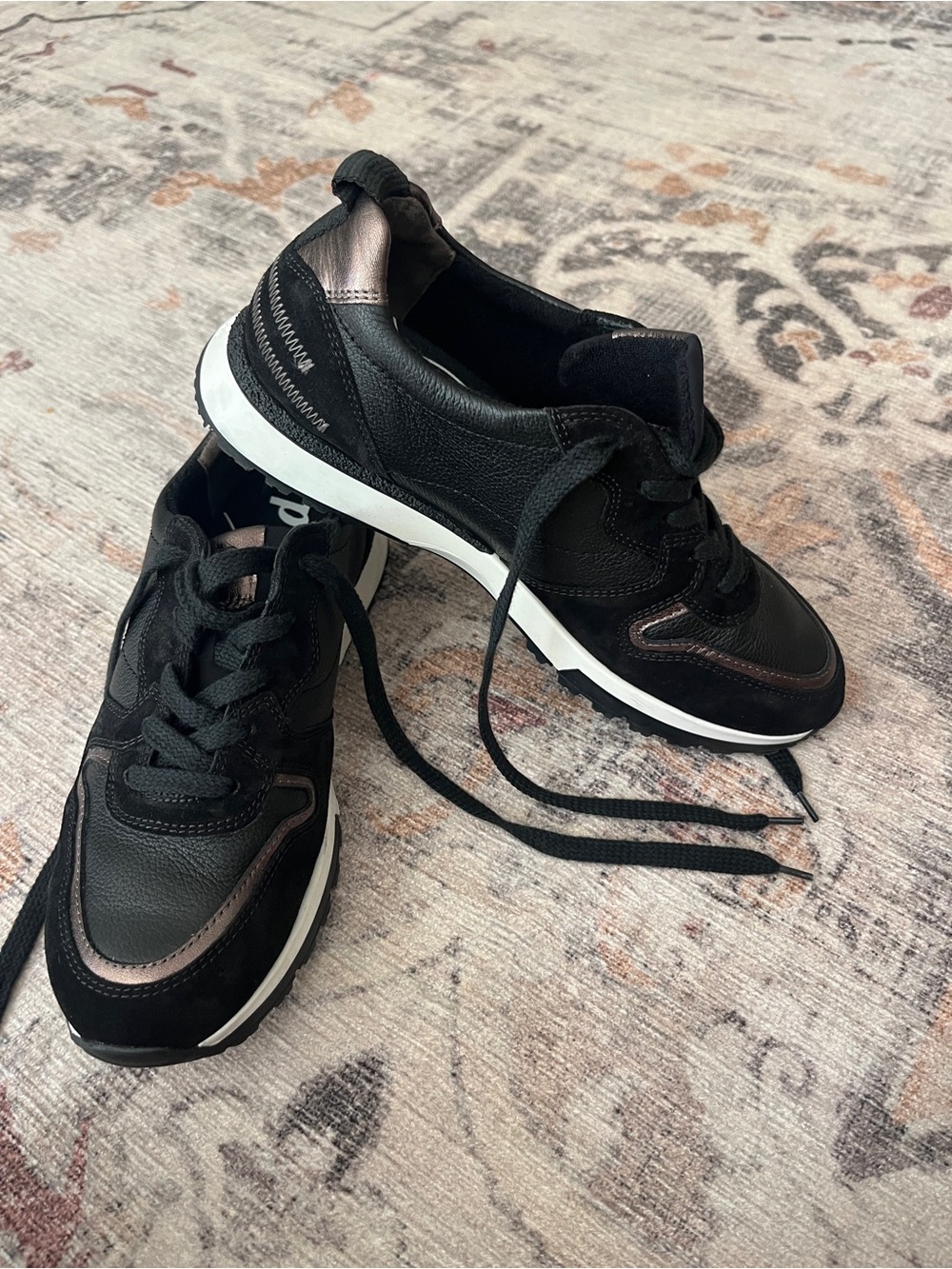 Paul Green Black Sneakers Black Suede Leather Bronze Trim nwot 5.5